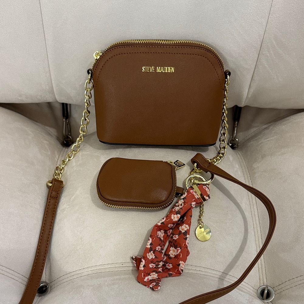 Steve Madden Tan Brown Crossbody with Coin Pouch and Scarf Charm